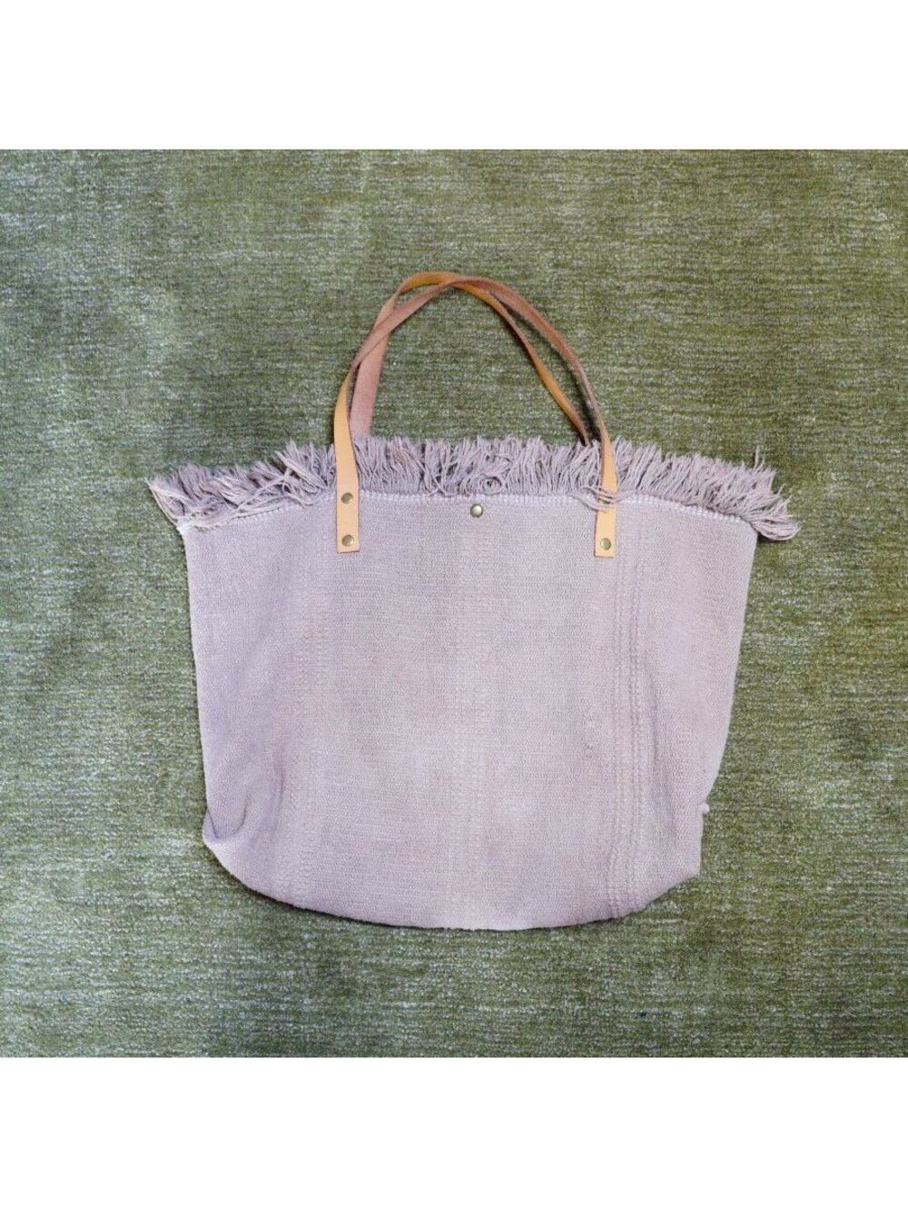 Large Tan Woven Tote Bag with Fringe and Leather Handles